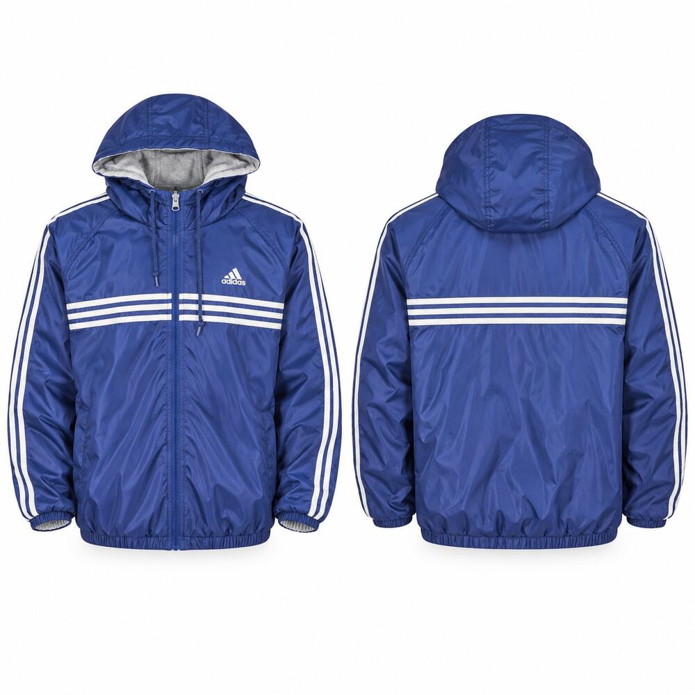 Vintage Y2K Adidas Reversible Hooded Jacket Mens 2XL Blue Gray 3 Stripe